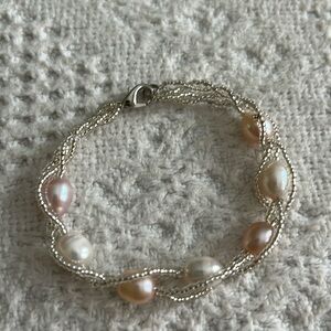 Silver beaded white and pink pearl bracelet